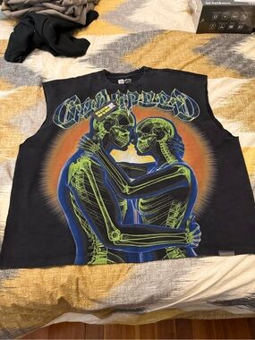 Godspeed Sleeveless Black Grateful Dead Graphic Tank Top with Neon Skeletons